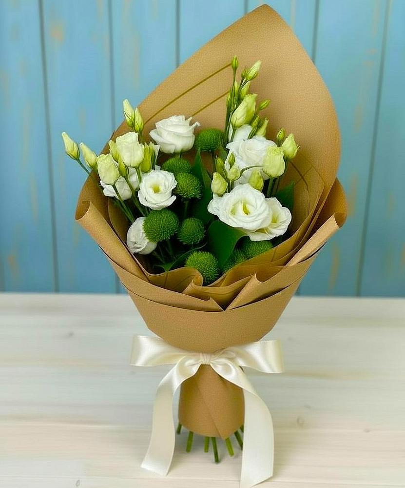 Букет цветов из: Хризантемы и Лизиантусы в Энергетиков