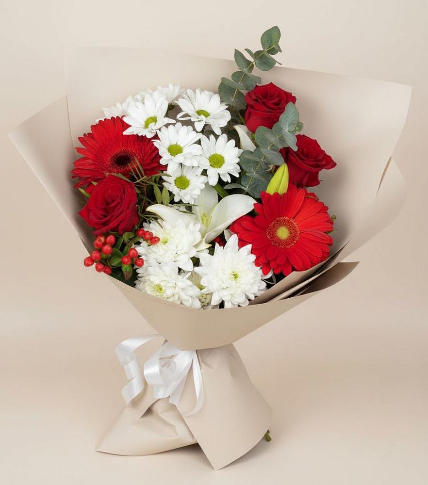 Букет цветов из: Розы, Хризантемы, Герберы и Лилии в Энергетиков