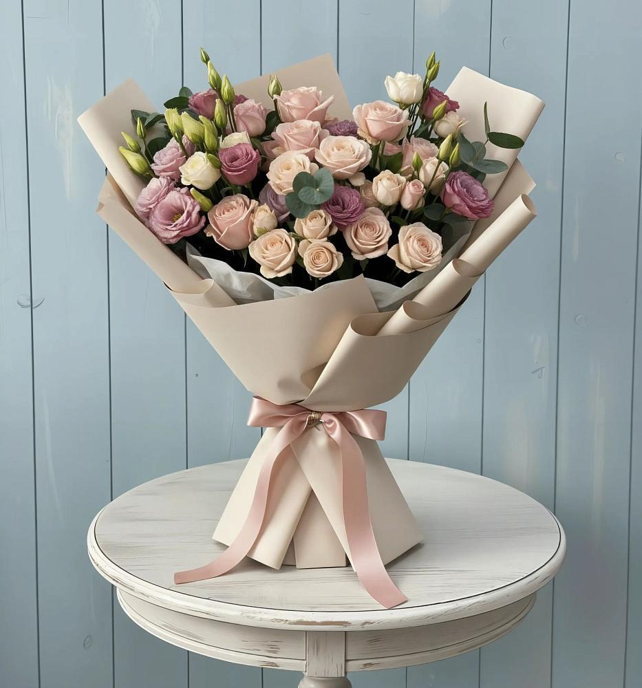 Букет цветов из: Розы и Лизиантусы в Энергетиков