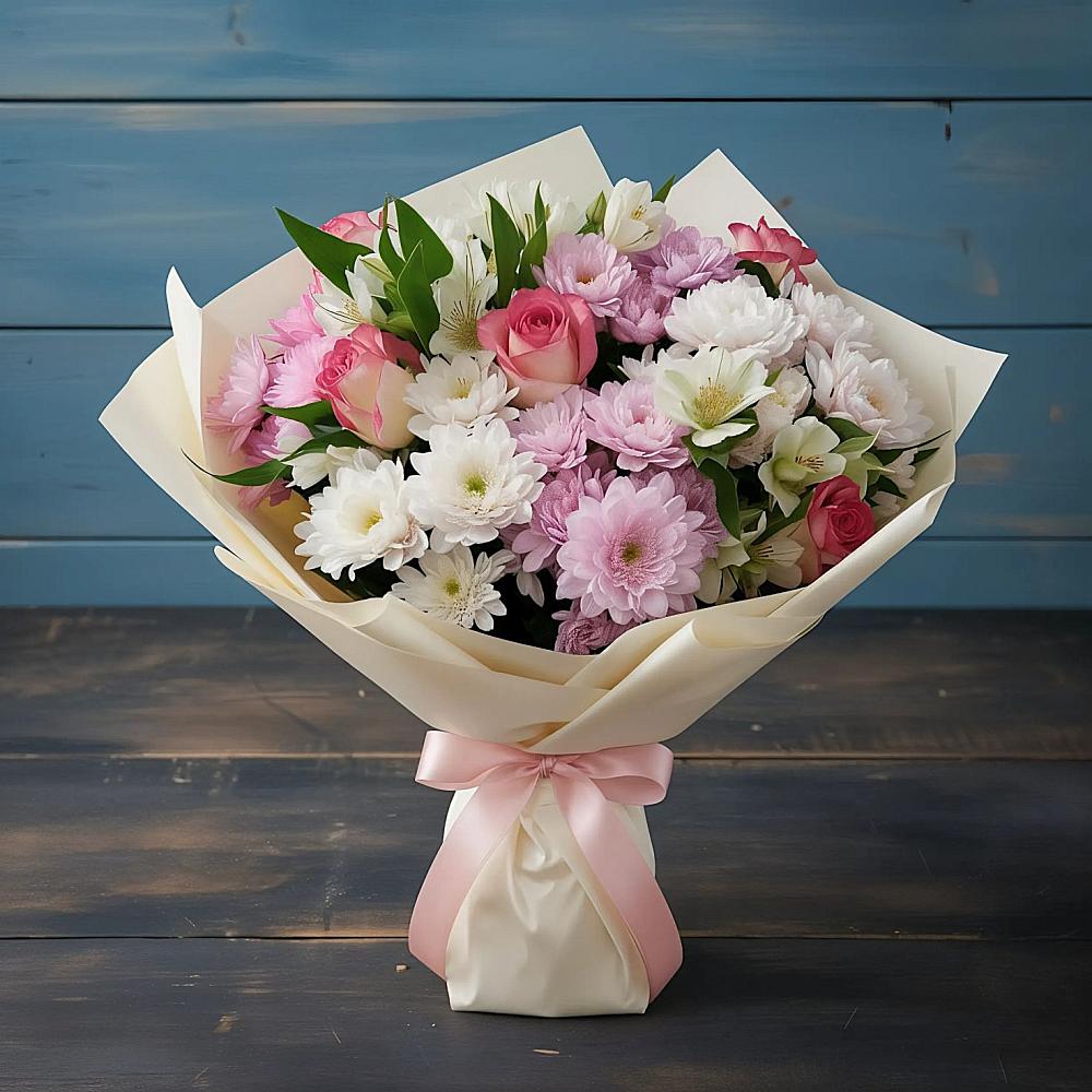 Букет цветов из: Хризантемы, Альстромерии и Розы в Энергетиков